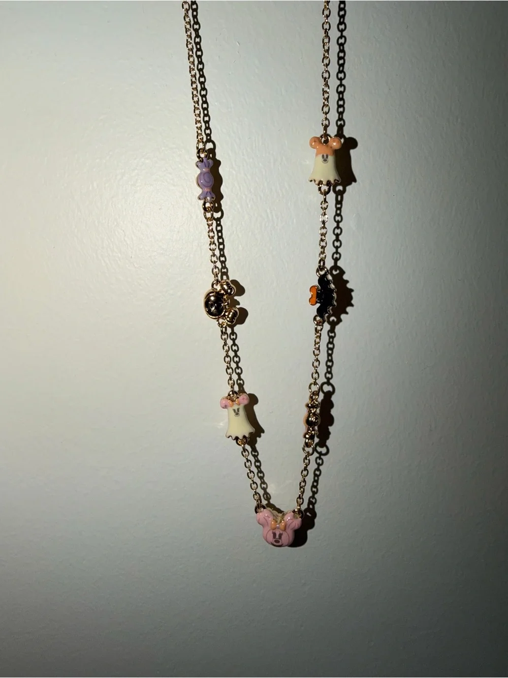 Disney Halloween Gold-Tone Necklace with Pink & orange pumpkin ghosts bat candy